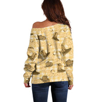 Yellow Palaka Hawaii Cowboy Off Shoulder Sweater Puakenikeni Lei Paniolo Papale Seamless Vibes LT14 - Polynesian Pride