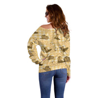 Yellow Palaka Hawaii Cowboy Off Shoulder Sweater Puakenikeni Lei Paniolo Papale Seamless Vibes LT14 - Polynesian Pride