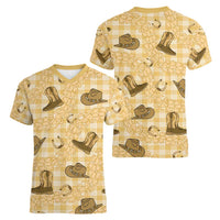 Yellow Palaka Hawaii Cowboy Women V-Neck T-Shirt Puakenikeni Lei Paniolo Papale Seamless Vibes - Polynesian Pride