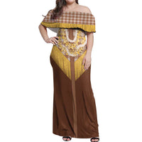 Aloha Hawaii Cowboy Custome Off Shoulder Maxi Dress Puakenikeni Lei Palaka Tassel Style - Polynesian Pride