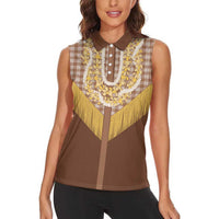 Aloha Hawaii Cowboy Custome Women Sleeveless Polo Shirt Puakenikeni Lei Palaka Tassel Style - Polynesian Pride
