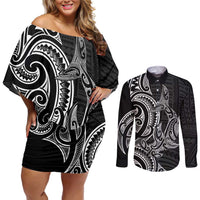New Zealand Hammerhead Shark Couples Matching Off Shoulder Short Dress and Long Sleeve Button Shirt Maori Haehae Mangopare Black - Polynesian Pride