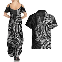 New Zealand Hammerhead Shark Couples Matching Summer Maxi Dress and Hawaiian Shirt Maori Haehae Mangopare Black - Polynesian Pride