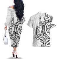 New Zealand Hammerhead Shark Couples Matching Off The Shoulder Long Sleeve Dress and Hawaiian Shirt Maori Haehae Mangopare White - Polynesian Pride
