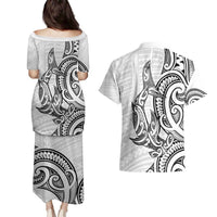 New Zealand Hammerhead Shark Couples Matching Puletasi and Hawaiian Shirt Maori Haehae Mangopare White - Polynesian Pride