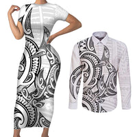 New Zealand Hammerhead Shark Couples Matching Short Sleeve Bodycon Dress and Long Sleeve Button Shirt Maori Haehae Mangopare White - Polynesian Pride