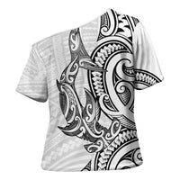 New Zealand Hammerhead Shark Cross Shoulder Shirt Maori Haehae Mangopare White - Polynesian Pride