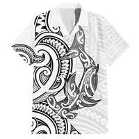 New Zealand Hammerhead Shark Family Matching Long Sleeve Bodycon Dress and Hawaiian Shirt Maori Haehae Mangopare White - Polynesian Pride