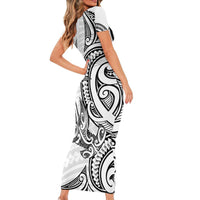 New Zealand Hammerhead Shark Short Sleeve Bodycon Dress Maori Haehae Mangopare White - Polynesian Pride
