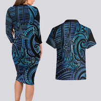 New Zealand Hammerhead Shark Couples Matching Long Sleeve Bodycon Dress and Hawaiian Shirt Maori Haehae Mangopare Galaxy - Polynesian Pride