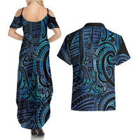 New Zealand Hammerhead Shark Couples Matching Summer Maxi Dress and Hawaiian Shirt Maori Haehae Mangopare Galaxy - Polynesian Pride