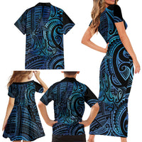 New Zealand Hammerhead Shark Family Matching Short Sleeve Bodycon Dress and Hawaiian Shirt Maori Haehae Mangopare Galaxy - Polynesian Pride