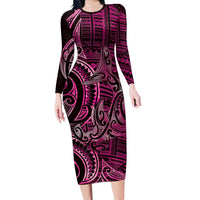 New Zealand Hammerhead Shark Long Sleeve Bodycon Dress Maori Haehae Mangopare Pink - Polynesian Pride