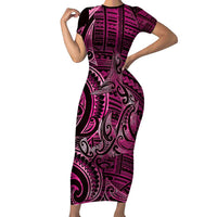 New Zealand Hammerhead Shark Short Sleeve Bodycon Dress Maori Haehae Mangopare Pink - Polynesian Pride