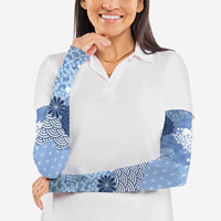 Blue Palaka Japanese Patterns Arm Sleeves Asanoha Seigaiha Sakura Motif - Polynesian Pride