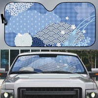 Blue Palaka Japanese Patterns Auto Sun Shade Asanoha Seigaiha Sakura Motif - Polynesian Pride