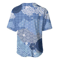 Blue Palaka Japanese Patterns Baseball Jersey Asanoha Seigaiha Sakura Motif - Polynesian Pride
