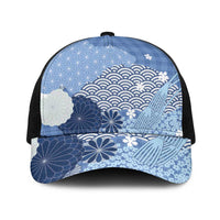 Blue Japanese Traditional Motifs Baseball Net Cap Palaka With Asanoha Seigaiha Sakura - Polynesian Pride