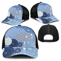 Blue Japanese Traditional Motifs Baseball Net Cap Palaka With Asanoha Seigaiha Sakura - Polynesian Pride