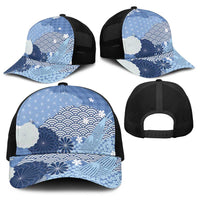 Blue Japanese Traditional Motifs Baseball Net Cap Palaka With Asanoha Seigaiha Sakura - Polynesian Pride