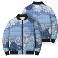 Blue Palaka Japanese Patterns Bomber Puffer Jacket Asanoha Seigaiha Sakura Motif - Polynesian Pride