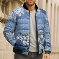 Blue Palaka Japanese Patterns Bomber Puffer Jacket Asanoha Seigaiha Sakura Motif - Polynesian Pride