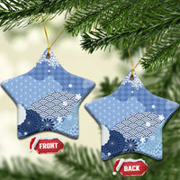 Blue Palaka Japanese Patterns Ceramic Ornament Asanoha Seigaiha Sakura Motif - Polynesian Pride