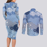Blue Palaka Japanese Patterns Couples Matching Long Sleeve Bodycon Dress and Long Sleeve Button Shirt Asanoha Seigaiha Sakura Motif - Polynesian Pride