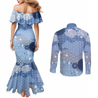 Blue Palaka Japanese Patterns Couples Matching Mermaid Dress and Long Sleeve Button Shirt Asanoha Seigaiha Sakura Motif - Polynesian Pride