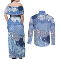 Blue Palaka Japanese Patterns Couples Matching Off Shoulder Maxi Dress and Long Sleeve Button Shirt Asanoha Seigaiha Sakura Motif - Polynesian Pride