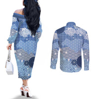 Blue Palaka Japanese Patterns Couples Matching Off The Shoulder Long Sleeve Dress and Long Sleeve Button Shirt Asanoha Seigaiha Sakura Motif - Polynesian Pride
