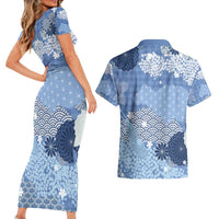 Blue Palaka Japanese Patterns Couples Matching Short Sleeve Bodycon Dress and Hawaiian Shirt Asanoha Seigaiha Sakura Motif - Polynesian Pride