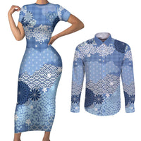 Blue Palaka Japanese Patterns Couples Matching Short Sleeve Bodycon Dress and Long Sleeve Button Shirt Asanoha Seigaiha Sakura Motif - Polynesian Pride