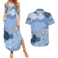 Blue Palaka Japanese Patterns Couples Matching Summer Maxi Dress and Hawaiian Shirt Asanoha Seigaiha Sakura Motif - Polynesian Pride