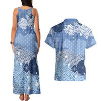Blue Palaka Japanese Patterns Couples Matching Tank Maxi Dress and Hawaiian Shirt Asanoha Seigaiha Sakura Motif - Polynesian Pride