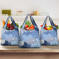 Blue Palaka Japanese Patterns Grocery Bag Asanoha Seigaiha Sakura Motif - Polynesian Pride