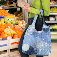 Blue Palaka Japanese Patterns Grocery Bag Asanoha Seigaiha Sakura Motif - Polynesian Pride