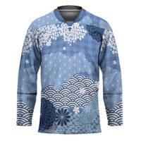Blue Palaka Japanese Patterns Hockey Jersey Asanoha Seigaiha Sakura Motif LT14 Unisex Blue - Polynesian Pride