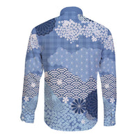 Blue Palaka Japanese Patterns Long Sleeve Button Shirt Asanoha Seigaiha Sakura Motif - Polynesian Pride