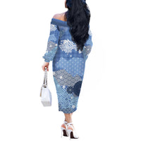 Blue Palaka Japanese Patterns Off The Shoulder Long Sleeve Dress Asanoha Seigaiha Sakura Motif - Polynesian Pride