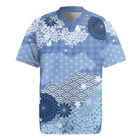 Blue Palaka Japanese Patterns Rugby Jersey Asanoha Seigaiha Sakura Motif - Polynesian Pride