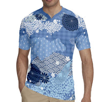 Blue Palaka Japanese Patterns Rugby Jersey Asanoha Seigaiha Sakura Motif - Polynesian Pride