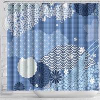 Blue Palaka Japanese Patterns Shower Curtain Asanoha Seigaiha Sakura Motif - Polynesian Pride