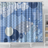 Blue Palaka Japanese Patterns Shower Curtain Asanoha Seigaiha Sakura Motif - Polynesian Pride