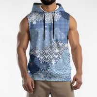 Blue Palaka Japanese Patterns Sleeveless Hoodie Asanoha Seigaiha Sakura Motif - Polynesian Pride