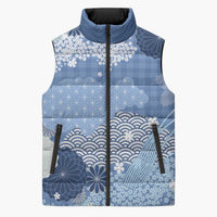 Blue Palaka Japanese Patterns Sleeveless Puffer Jacket Asanoha Seigaiha Sakura Motif - Polynesian Pride