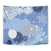 Blue Palaka Japanese Patterns Tapestry Asanoha Seigaiha Sakura Motif - Polynesian Pride