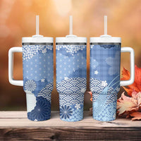 Blue Palaka Japanese Patterns Tumbler With Handle Asanoha Seigaiha Sakura Motif - Polynesian Pride