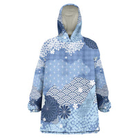 Blue Palaka Japanese Patterns Wearable Blanket Hoodie Asanoha Seigaiha Sakura Motif - Polynesian Pride