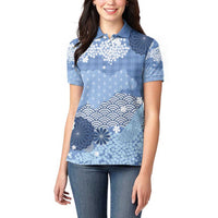 Blue Palaka Japanese Patterns Women Polo Shirt Asanoha Seigaiha Sakura Motif - Polynesian Pride